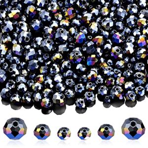 600 Pieces Crystal Rondelle Faceted Beads Gemstone Glass Beads Loose Beads for DIY Jewelry Making 8 mm, 6 mm, 4 mm (Black AB Color)