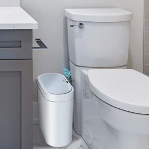 JOYBOS Bathroom Trash Can,3 Gallon Waterproof Automatic Small Bathroom Garbage Can with Lid, Slim Motion Sensor Plastic Narrow Trash Bin for Bedroom, Kitchen, Office,RV White