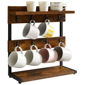 IBUYKE Rustic Coffee Mug Holder Stand, 2 Tier Countertop Mug Tree Holder Rack with Storage Base, Vintage Mug Holders for Kitchen, Holds 8 Mugs, Rustic Brown UTBJ002H
