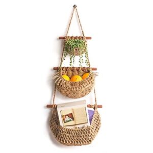 Hanging Fruit Basket ,3 Tier Over the Door Organizer, Handmade Woven Jute Wall Hanging Baskets for Organizing, BOHO Wall Basket Decor, Storage baskets for kitchen , Living & Bathroom Bedroom