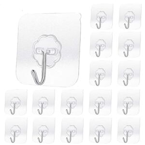 Alayaglory 20 Pack Transparent Adhesive Hooks 30 lb(Max), Waterproof and Oilproof Reusable Seamless Hooks, Heavy Duty Wall Hook for Kitchen Bathroom Office