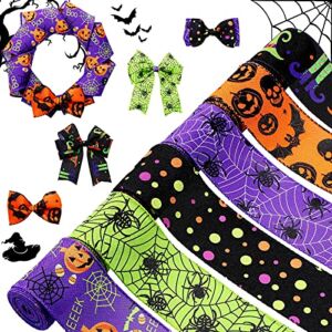 6 Rolls 30 Yards Halloween Wired Edge Ribbons Bat Spider Web Printed Ribbon Witch Legs Hat Skull Pumpkin Ribbons Halloween Decorative Wrapping Ribbon for Halloween Home Wreath DIY Craft Floral Bow