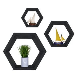 Hexagon Floating Wall Shelves | Honeycomb Bedroom Shelves |Set-of-3 Wall Décor (Black)