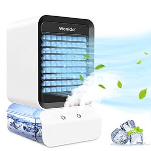 Wonido Portable Air Conditioner Fan – Mini AC Unit Portable for Room 4-in-1 Evaporative Air Cooler with Humidifier/ 3 Speeds / 7 Colors Night Light, Desktop Swamp Cooler for Small Room