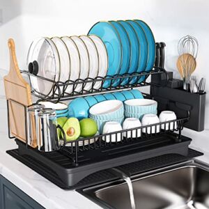 Dish Drying Rack for Kitchen Counter, 2 Tier Large Dish Drainer with Drainboard Set, Cutlery Holder, Cutting Board Holder and Extra Dryer Mat, Sink Dish Strainer (Black – 304 Stainless Steel )