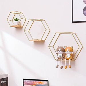 SLDHFE Geometric Hexagon Shaped Floating Shelves,Metal Wire and Rustic Wood Wall Hexagonal Rack,Iron Storage Holder Wall Stand for Bedroom, Living Room, Bathroom, Kitchen and Office