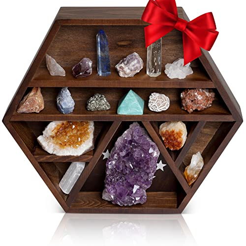 ENSO – Tsuki Crystal Shelf Display – Hexagon Shaped Pine Wood Floating Wall Shelves Crystal Holder with Cresent Moon & Star Designs – Rustic Wooden Display for Crystals, Stones & Essential Oils | The Storepaperoomates Retail Market - Fast Affordable Shopping