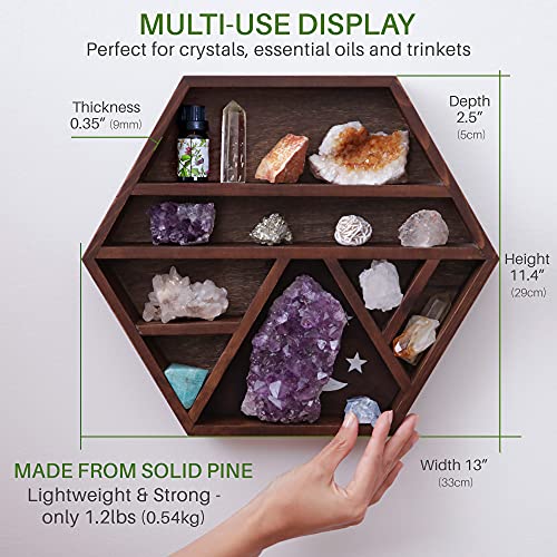 ENSO – Tsuki Crystal Shelf Display – Hexagon Shaped Pine Wood Floating Wall Shelves Crystal Holder with Cresent Moon & Star Designs – Rustic Wooden Display for Crystals, Stones & Essential Oils | The Storepaperoomates Retail Market - Fast Affordable Shopping