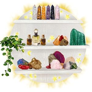 up & Moon Shelf for Crystals – with LED Lights and Stars. Crystal Display, Wall Shelf, Display Shelves Essential Oils. Wooden Decor Home Nursery. 13”x13”, White
