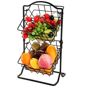 Jucoan 2-Tier Metal Wire Hanging Baskets, Kitchen Countertop Fruit Vegetable Storage Basket Organizer for Produce Snack Canned Foods, Black