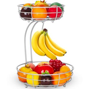 Auledio 2-Tier Countertop Fruit Vegetables Basket Bowl Storage With Banana Hanger,Silver