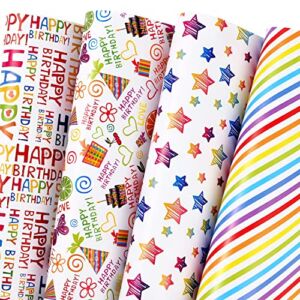 PlandRichW Birthday Wrapping Paper 12 Sheets Folded Flat for Kids, Boys, Girls, Adults. Gift Wrapping Paper Includes Happy Birthday, Star, Rainbow, Cake 4 Colorful Designs for Baby Shower, Holiday, Party 20 X 29 Inch