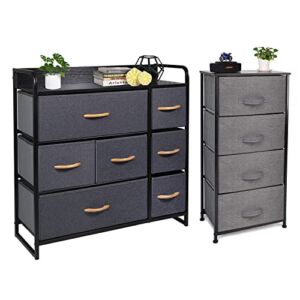 CERBIOR Drawer Dresser Storage Organizer 7-Drawer 4-DrawerCloset Shelves, Sturdy Steel Frame Wood Top with Easy Pull Fabric Bins for Clothing, Blankets (Dark Grey)