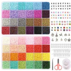 QUEFE 40000pcs 2mm Glass Seed Beads for Jewelry Making Kit, 440pcs Letter Beads, 100pcs Smiley Face Beads & 100pcs Evil Eye Beads for Bracelets Necklace Ring Making, DIY Art Craft, Christmas Gifts