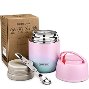 17 oz Insulated Lunch Containers Hot Food Jar, Wide Mouth Lunch Thermos for Hot Food Kids Adults, Vacuum Stainless Steel Thermos Lunch Box With Handle Folding Spoon for School, Office (Blue-Pink)