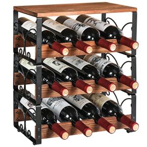 Countertop Wine Rack, 12 Bottle Wine Holder Stand for Table with Top Storage Shelf/Natural Solid Wood and Metal Structure, 3 Tier Stackable Wine Racks for Cabinet Home Kitchen Bar Hotel Restaurant