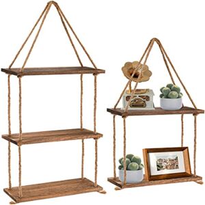 ZOOFOX Set of 2 Wood Hanging Shelf, 2 Tier and 3 Tier Jute Rope Wall Hanging Floating Shelf, Rustic Home Wall Storage and Display Rack for Living Room, Bathroom, Bedroom, Kitchen and Office ( Brown )