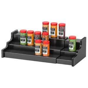 Spice Rack Organizer For Cabinet – 3 Tier Black Bamboo Wooden Expandable Display Shelf from 12.70 to 22.20 inch
