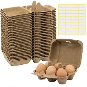 30 Pieces Paper Egg Cartons for Chicken Eggs Pulp Fiber Egg Tray Holder Bulk Holds 6 Count Eggs Family Farm Market Travel Egg Storage Containers Included 40 Labels Brown Wishope