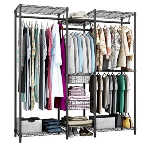 Xiofio 6 Tiers Heavy Duty Garment Rack,Clothing Storage Organizer, Metal Clothing Rack,Clothing Rack with Hanging Rod,Adjustable Shelf and Fixed Baskets,60.7″L x 15.7″W x 70.5″H Max Load 720LBS,Black·