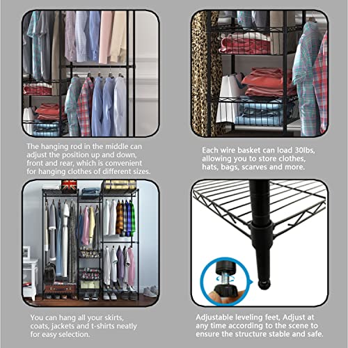 Xiofio 6 Tiers Heavy Duty Garment Rack,Clothing Storage Organizer, Metal Clothing Rack,Clothing Rack with Hanging Rod,Adjustable Shelf and Fixed Baskets,60.7″L x 15.7″W x 70.5″H Max Load 720LBS,Black· | The Storepaperoomates Retail Market - Fast Affordable Shopping