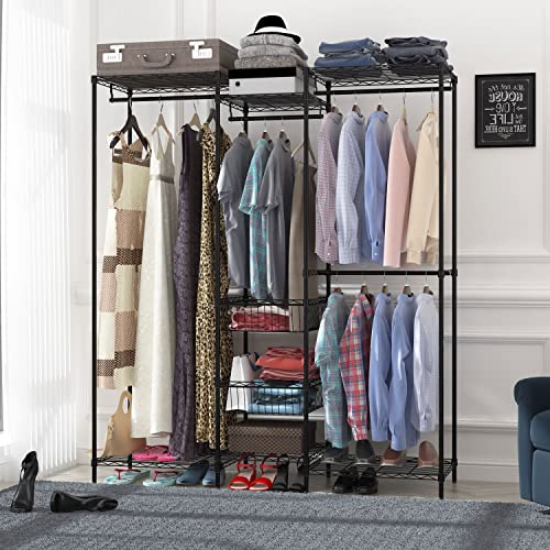 Xiofio 6 Tiers Heavy Duty Garment Rack,Clothing Storage Organizer, Metal Clothing Rack,Clothing Rack with Hanging Rod,Adjustable Shelf and Fixed Baskets,60.7″L x 15.7″W x 70.5″H Max Load 720LBS,Black· | The Storepaperoomates Retail Market - Fast Affordable Shopping