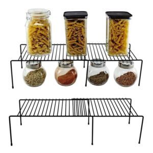 2sets /pack Black Expandable Cabinet Household Storage Shelf Rack Steel Metal Wire Counter & Pantry Home Kitchen Bathroom Extendable Countertop Organizer Organization