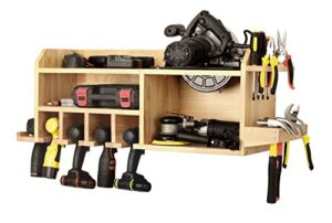 Aomomery Power Tool Organizer Wall Mount,Drill Holder Storage with 5 Tool organizer Slots, Drill Charging Station with Large Space for Wrench, Circular Saw,Wooden Garage Storage