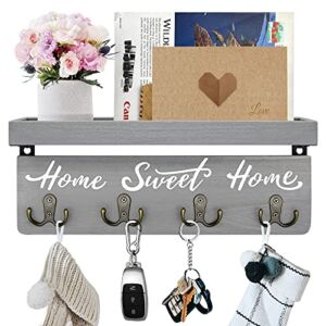 buways Wall-Mounted Key and Mail Holder, Wooden Key Rack with 4 Double Key Hooks, Rustic Home Decor for Entryway(Gray)