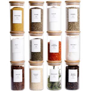 12 Pcs Glass Spice Jars With Bamboo Airtight Lids – 8oz Thicken(2.4mm) Spice Containers With 148 Minimalist Preprinted Waterproof Spice Labels – Kitchen Empty Small Storage Jars For Seasoning, Herb Storage and Organization