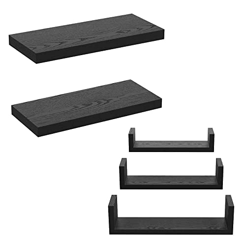 Bundled Black Floating Shelves of GREENDEW Wall Shelves Invisible Mounted (Set of 2) and U-Shaped Decor Shelves (Set of 3) for Living Room, Bedroom, Bathroom, Kitchen, Office Storage | The Storepaperoomates Retail Market - Fast Affordable Shopping