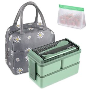 Stackable Bento Box Kit, 47.35OZ Bento Box Adult Lunch Box, 3 Compartments Bento Lunch Box with Lunch Bag and Utensils, Meal Prep Containers for Adults, BPA Free Microwave Bento Box (Green)