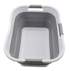 SAMMART 30L (8 gallon) Collapsible Plastic Laundry Basket – Foldable Pop Up Storage Container/Organizer – Portable Washing Tub – Space Saving Hamper/Basket – Water Capacity 24L(6.3 gallon) (1, White/Grey)