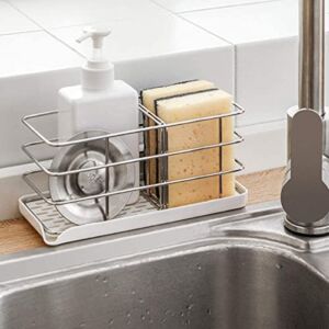 Sponge Holder for Kitchen Sink,Stainless Steel Sink Tray Drainer Rack, Soap Dish Dispenser Brush Holder Storage ,Adjustable Panel , Countertop Or Wall Stick with Auto Overflow (White)