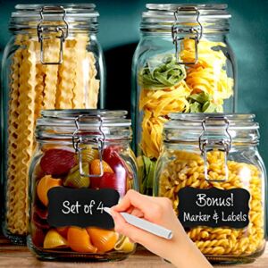 4 Pack Glass Food Storage Jars with Airtight Lids + Chalkboard & Marker, Kitchen Canisters for Flour, Sugar, Coffee, Cereal, Pasta, Canning, Cookie Jar with Clamp Lid, Square Mason Jars 2-78oz, 2-34oz