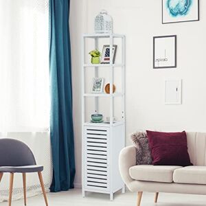 Kinlife 5-Tier Bamboo Storage Cabinets – Bathroom Shelf Freestanding Tall Shelving Racks with Doors and Shelves for Living Room Kitchen, White