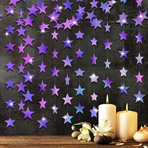 Glitter Star Garland Banner Decoration, 130 Feet Bright Gold Star Hanging Bunting Banner Backdrop for Engagement Wedding Baby Shower Birthday Christmas Decor (Holographic Purple)
