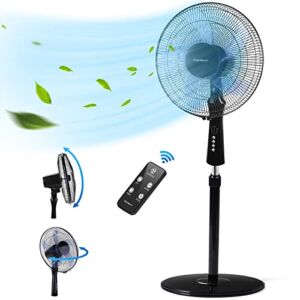 Aigostar 16“ Standing Fan, 5-Blade Oscillating Pedestal Fan with Remote Control, 3 Speed Settings, 3 Wind Modes, 7.5H Timer, Adjustable Height Cooling Fan for Bedroom, Home, Office, Black