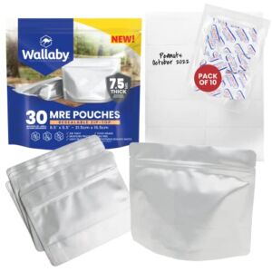 Wallaby MRE Mylar Bag Bundle – 30x (7.5 Mil – 6.5″ x 8.5’’) Stand-Up Zipper Pouches, 30x 400cc Oxygen Absorbers – Heat Sealable & Withstand Boiling Water – Long-Term Food Storage Solutions – Silver