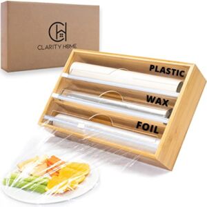 CH Clarity Home| Wooden Foil and Plastic Wrap Dispenser With Cutter – 3 in 1 Organizer for Aluminum Foil Plastic Wrap And Wax Paper Rolls,Bamboo Roll Organizer, Fits Up To 12″ Tin Foil Wrap Rolls
