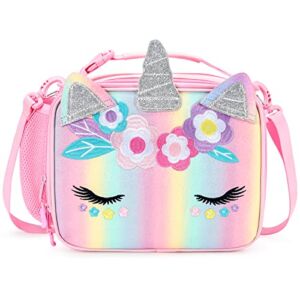 mibasies Kids Unicorn Insulated Lunch Box for Girls Rainbow Bag with Water Bottle Holder(Pink Blue Rainbow)