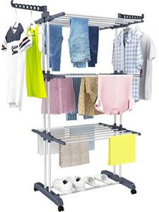 HOMIDEC Clothes Drying Rack, Oversized 4-Tier(67.7″ High) Foldable Stainless Steel Drying Rack Clothing, Movable Drying Rack with 4 castors, 24 Drying Poles & 14 Hooks for Bed Linen, Clothing, Grey