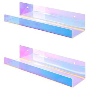 Lamplig 2 Pcs Iridescent Acrylic Floating Shelves, 15” Rainbow Acrylic Shelves for Wall Mounted Cute Holographic Shelves for Bathroom Bedroom Living Room