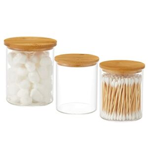 INIUNIK 3 Pack Glass Qtip Holder Dispenser, 20 oz and 11 oz Clear Glass Apothecary Jars, Bathroom Vanity Canisters Organizer Jars for Cotton Swabs, Balls, Rounds, Pads, Floss, Bath Salts