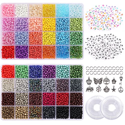 Quefe 8690pcs Glass Seed Beads 4mm 6/0 Bracelet Beads for Jewelry Making kit, Small Waist Craft Beads, 260pcs Alphabet Letter Beads with Elastic String Cords and Charms | The Storepaperoomates Retail Market - Fast Affordable Shopping