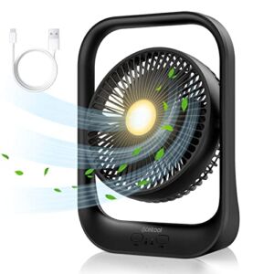 ACEKOOL Battery Operated Fan, Camping Fan with Night Light, 3 Speeds Portable Desk Fan,135°Rotation, Rechargeable Quiet Table Fan for Office, Bedroom, Travel, Camping (Black)