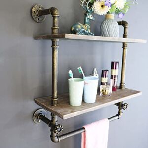 Industrial Pipe Shelving with Wood 2-Tiers,Rustic Wall Book Shelf,Floating Shelves with Metal Bracket for Farmhouse,Bathroom & Living Room. (2T,20IN)