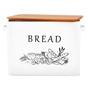 Bread Box for Kitchen Countertop, E-far Metal Bread Storage Container Bin with Bamboo Lid for Cutting Bread, Extra Large & Farmhouse Style, 13” x 7.2” x9.8”, White