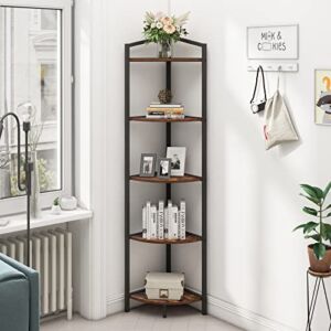 Ahvqevn 5-Tier Corner Wood Shelf – 70IN Tall Brown with Metal Frame