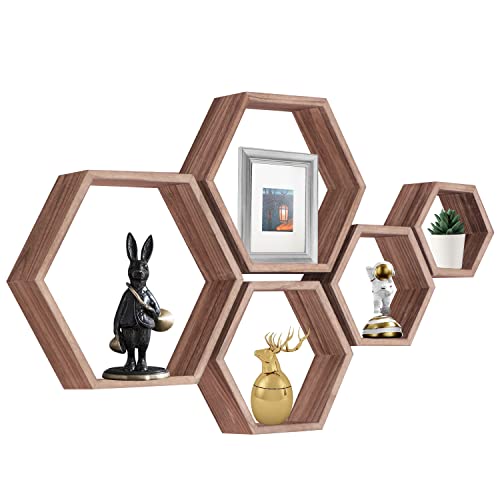 Hexagon Floating Shelves,Wall Mounted Wood Farmhouse Storage Honeycomb Wall Shelf Set of 5,for Bathroom, Kitchen, Bedroom, Living Room,Office,Home Room Wall Decor Driftwood Finish (Carbonized Black) | The Storepaperoomates Retail Market - Fast Affordable Shopping